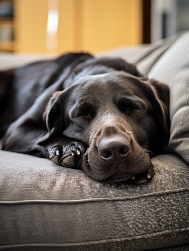 A black dog is laying on a couch with its eyes closed