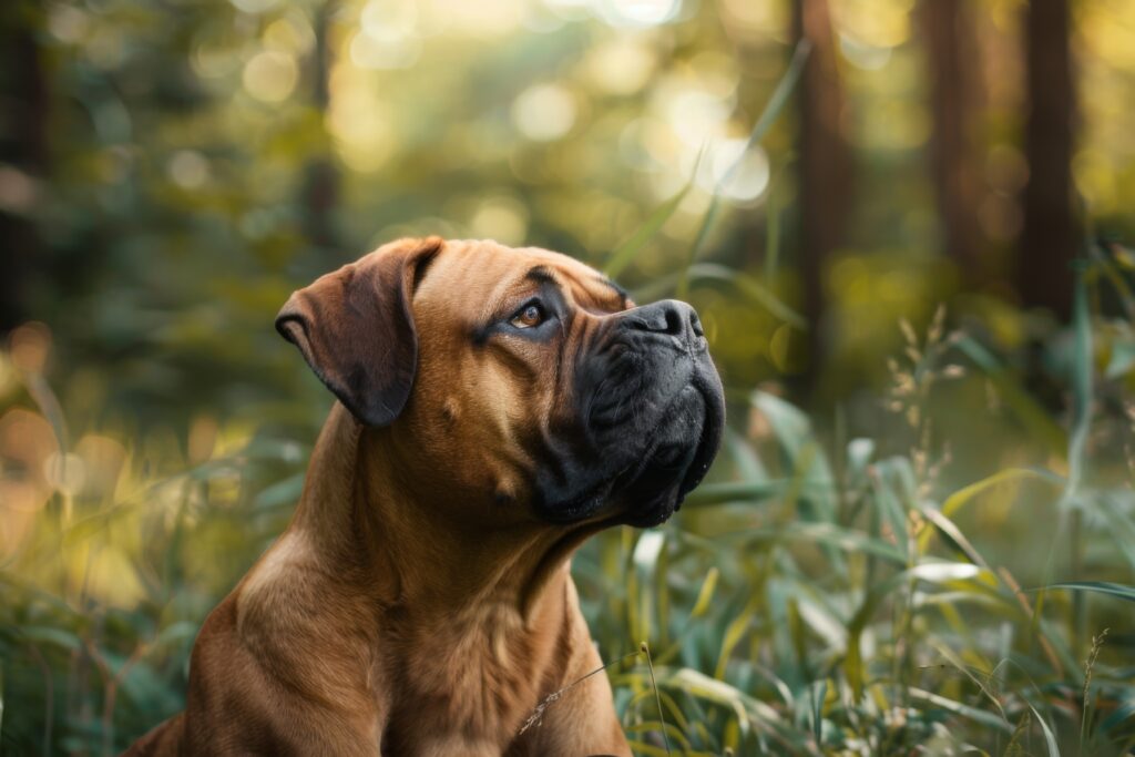 A brown dog is sitting in the grass looking up at something