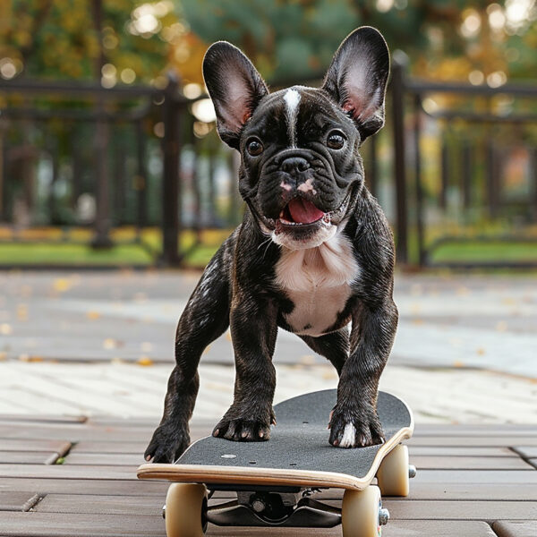 a bulldog is riding a skateboard with a skateboard in the background