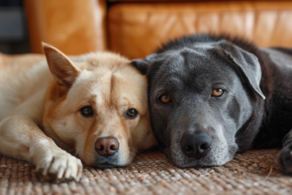 cat and labrador dog together on the floor indoors