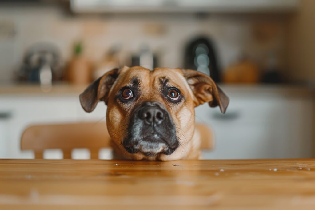 Cute dog head begging for food at kitchen table hungry eyes of pet dog portrait