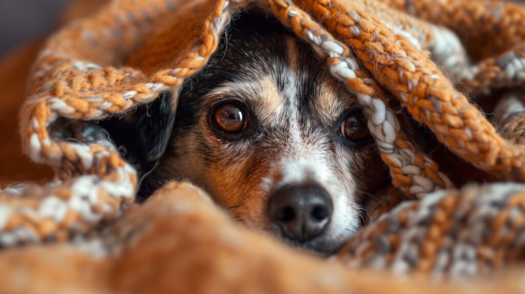 A dog is peeking out from under a blanket The dog has big brown eyes and a black nose The blanket is brown and has a fringe