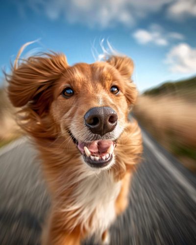 Joyful Dog Running on Countryside Road on a Sunny Day